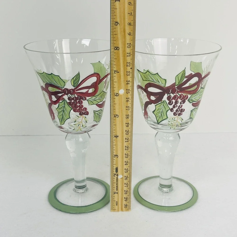 Hand Painted Christmas Holly Berry Wine Glasses Set of 2 Holiday Goblets 8.5